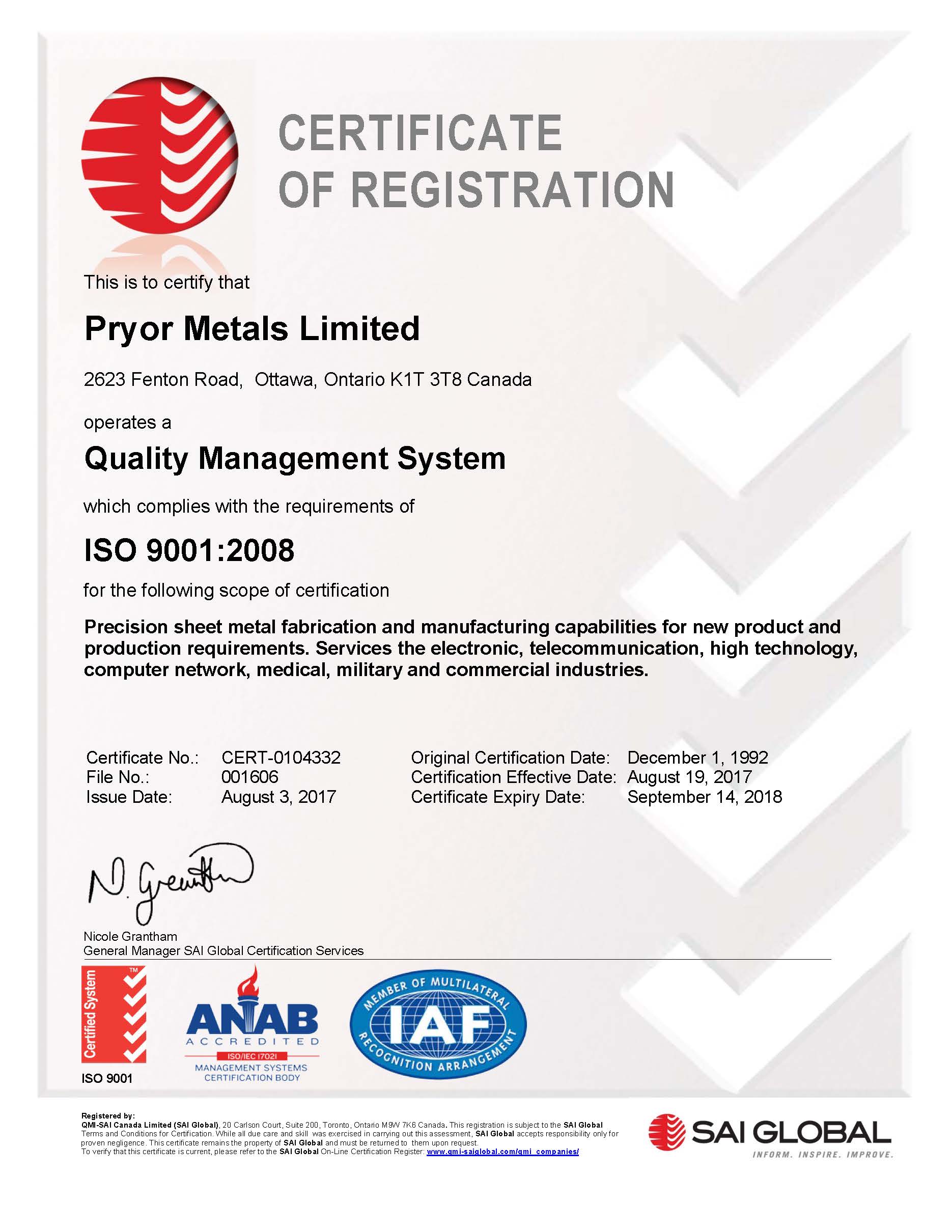 Pryor Metals ISO Certificate